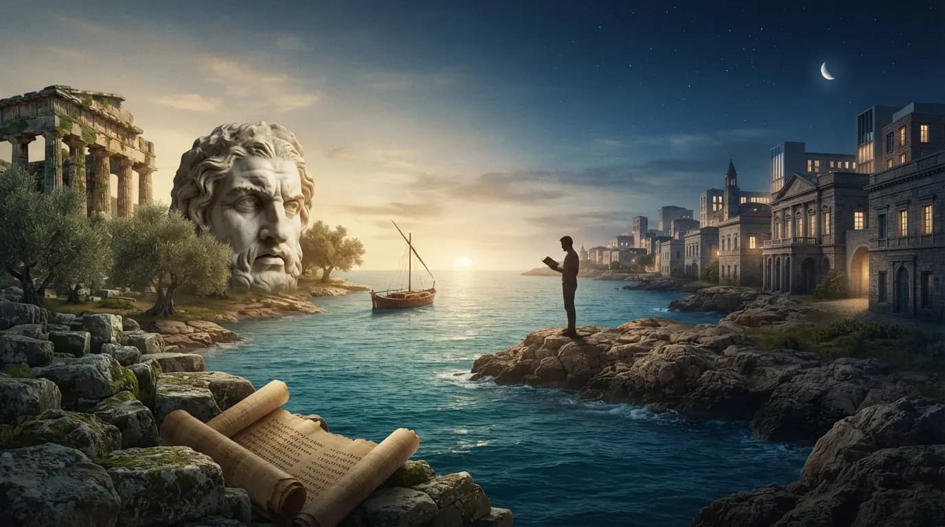 Marble head and ruined temple on a Mediterranean shore, facing a modern lit town at dusk, with a reader standing on the rocks and an ancient scroll in the foreground