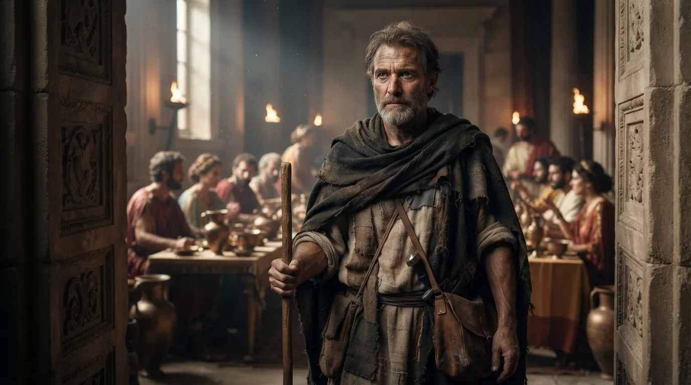 A weathered man in a patched cloak holding a wooden staff stands in a doorway while people feast at a long table behind him