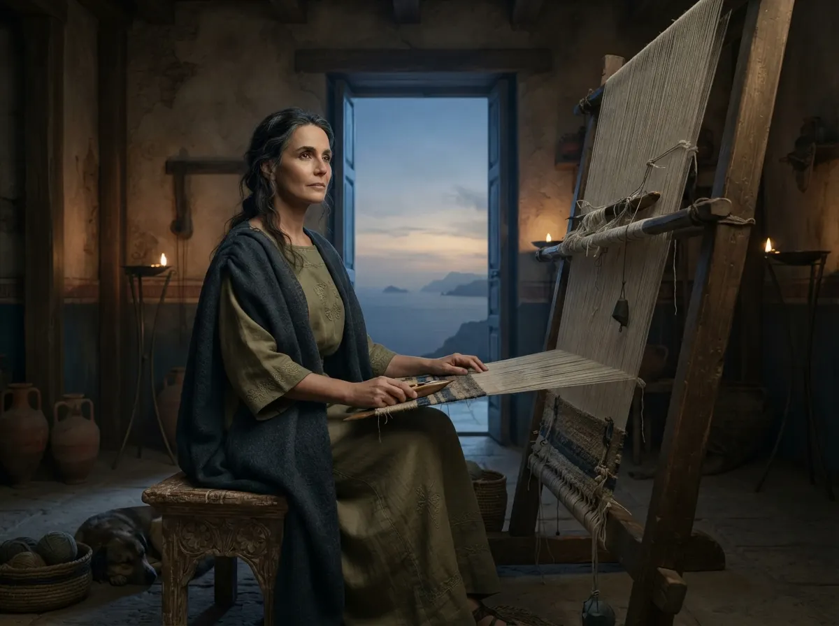 A woman seated at a large wooden loom in a candlelit room, with an open door behind her showing the sea and islands at dusk