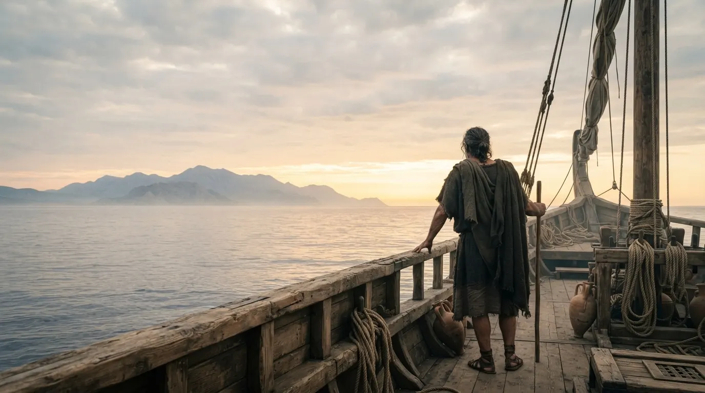 A weathered traveler in a rough cloak stands at the rail of a wooden ship, looking toward distant mountains across calm water at sunrise